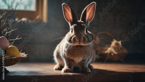  a brown rabbit sitting on top of a wooden floor next to a basket filled with eggs and a basket filled with fake grass and a tree branch with easter eggs.