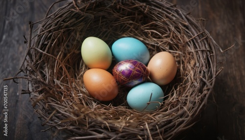  a bird's nest filled with eggs on top of a wooden table with a purple and blue egg in the middle of the nest and a purple egg on top of the nest.
