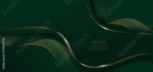 Abstract 3d green background with gold lines curved wavy sparkle with copy space for text.