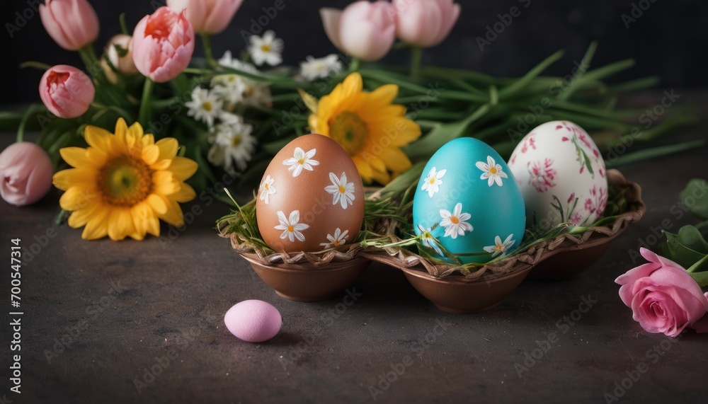  a group of three eggs sitting in a basket next to a bunch of pink and yellow tulips and a bunch of pink and yellow and white tulips.