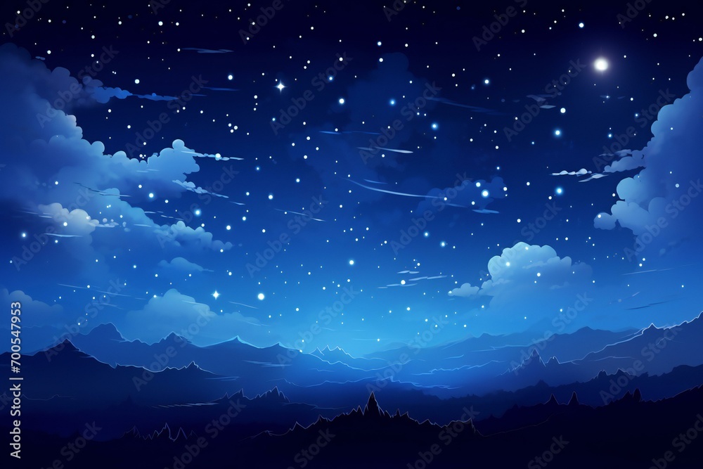 Cartoon night sky with stars and clouds. Flat illustration background.  