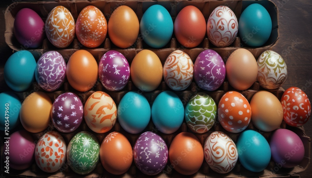 a cardboard box filled with lots of different colored eggs on top of a wooden table with a pattern on the top of one of the eggs and a pattern on the side of the top of the eggs. a cardboard box filled with lots of different colored eggs on top of a wooden table with a pattern on the top of one of the eggs and a pattern on the side of the top of the eggs.