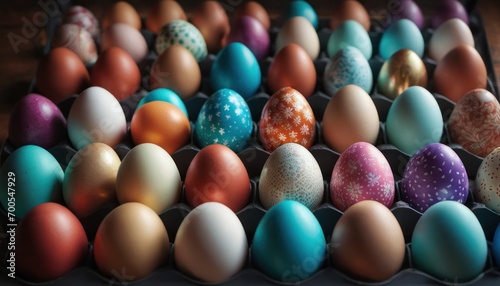  a bunch of different colored eggs in a carton on a wooden table with one egg in the middle of the carton and one egg in the middle of the carton. photo