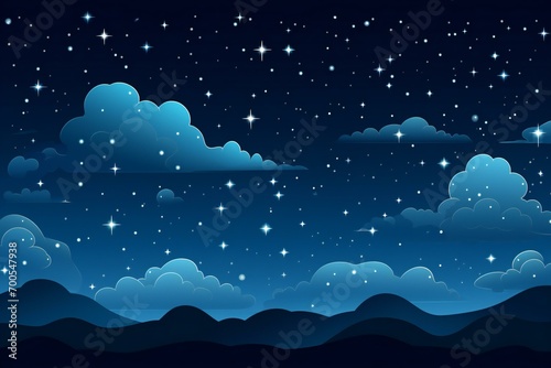 Cartoon night sky with stars and clouds. Flat illustration background. 