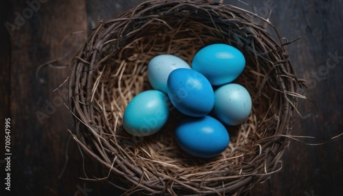  a nest filled with blue eggs sitting on top of a wooden table next to a blue bird's nest on top of a piece of wood with blue eggs in it.