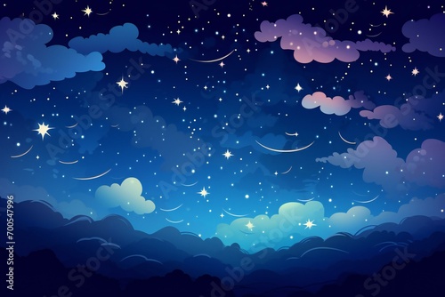 Cartoon night sky with stars and clouds. Flat illustration background. 