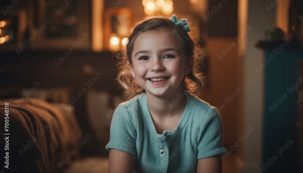 a little girl sitting on a couch smiling at the camera while wearing a blue shirt with a bow on it's head and a light in the corner of a living room. a little girl sitting on a couch smiling at the camera while wearing a blue shirt with a bow on it's head and a light in the corner of a living room.