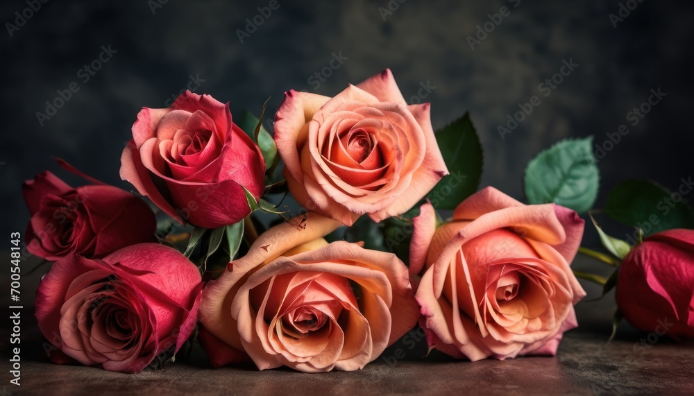 a group of pink roses sitting on top of a wooden table next to a green leafy plant on top of a wooden table next to a gray wall with a black background. a group of pink roses sitting on top of a wooden table next to a green leafy plant on top of a wooden table next to a gray wall with a black background.