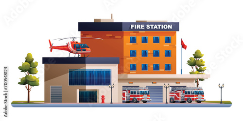 Fire station building with fire trucks and helicopter. Fire department office with fire vehicles vector illustration