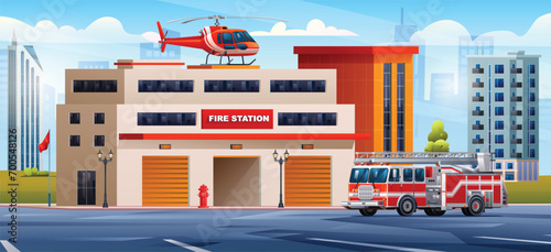 Fire station building with fire truck and helicopter on cityscape background. Fire department and city landscape vector cartoon illustration photo