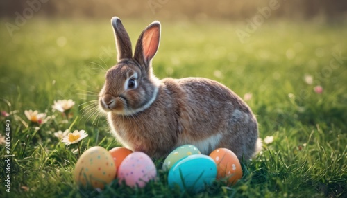 a rabbit sitting in the grass next to a group of easter eggs in front of a field of daisies with daisies in the foreground and a blurry background. © Jevjenijs