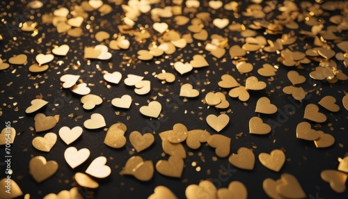  a bunch of gold hearts on a black surface with confetti scattered all over the floor and on the top of the floor is a black surface with gold confetti.