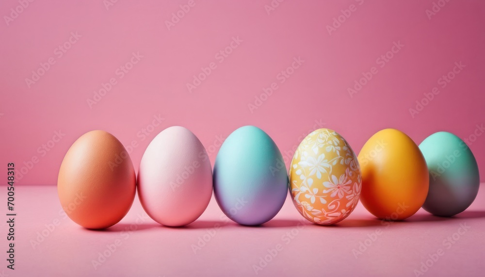  a row of colorful easter eggs on a pink surface with a pink wall in the background and a pink wall in the foreground, with a pink background,.