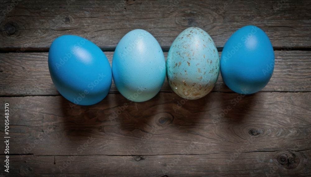  a row of blue and brown eggs sitting on top of a wooden floor next to a wooden wall with a rusted metal handle on the end of the top of the row.