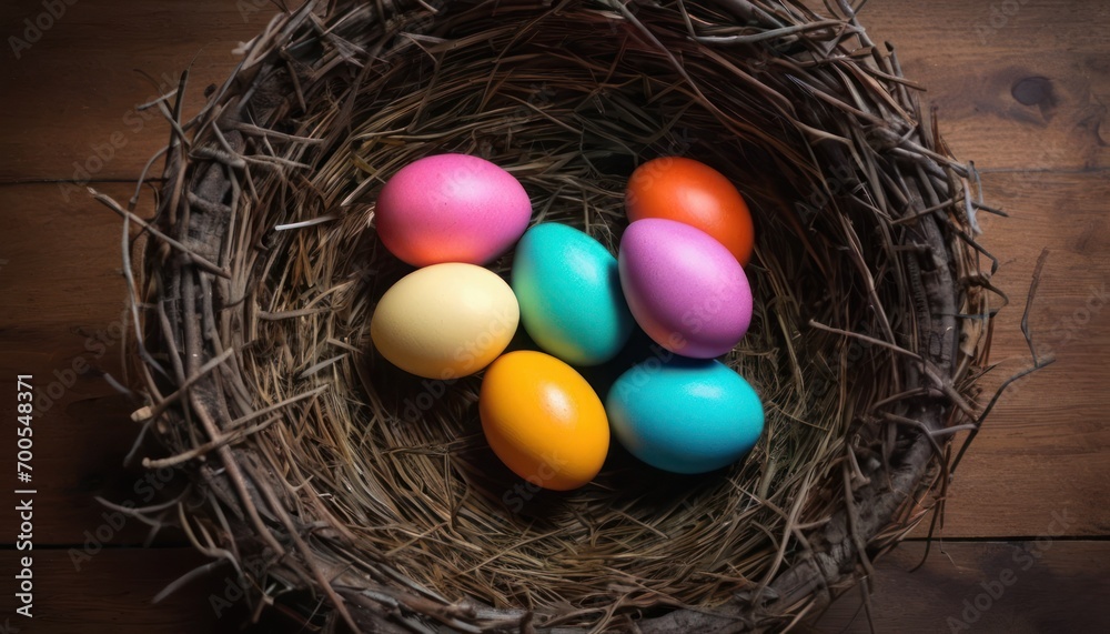 a bird nest filled with colored eggs on top of a wooden table next to a cup of coffee and a cup of coffee on the side of the bird's nest. a bird nest filled with colored eggs on top of a wooden table next to a cup of coffee and a cup of coffee on the side of the bird's nest.