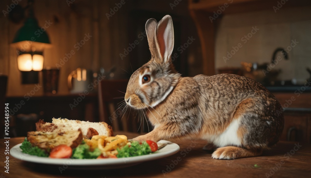 Obraz premium a rabbit sitting on a table next to a plate of food with a plate of food in front of it and a plate of food on the table next to it.