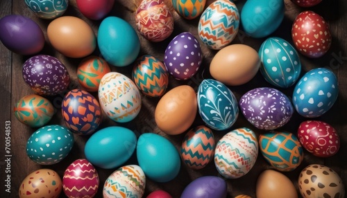  a wooden box filled with lots of different colored easter eggs on top of a wooden table with white dots on the top of the eggs and a pattern on the side of the top of the eggs.