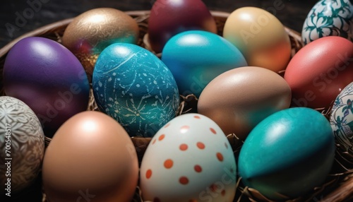  a basket filled with different colored eggs on top of a wooden table next to another basket of colorful eggs on top of a wooden table next to each other basket.