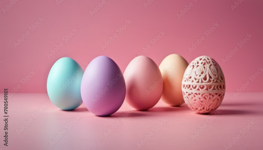  a row of colored eggs sitting on top of a pink counter top next to an egg cup with a lace design on the side of the egg, on a pink background.