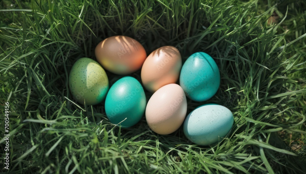  a group of eggs sitting in the middle of a field of green grass with a blue and pink egg in the middle of the egg laying in the middle of the grass.