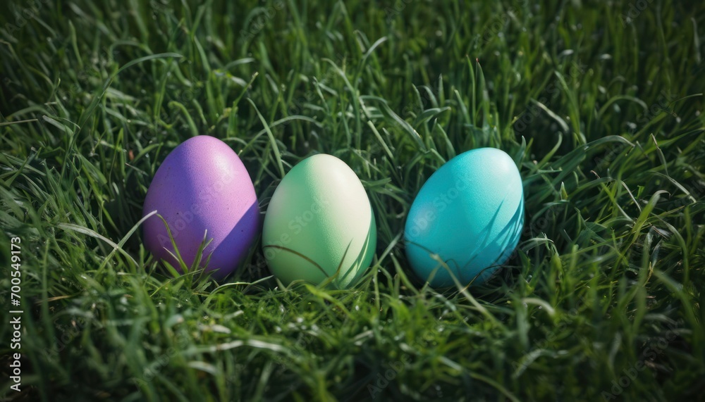  a group of three colored eggs laying on top of a lush green grass covered field next to a blue and green egg in the middle of a row of three.