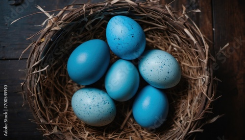  a nest filled with blue eggs sitting on top of a wooden table next to a pair of scissors and a pair of scissors on top of a piece of wood.