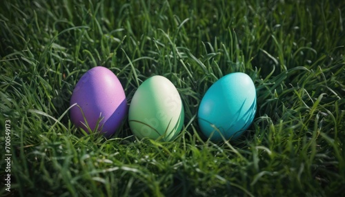  a group of three colored eggs laying on top of a lush green grass covered field next to a blue and green egg in the middle of a row of three.