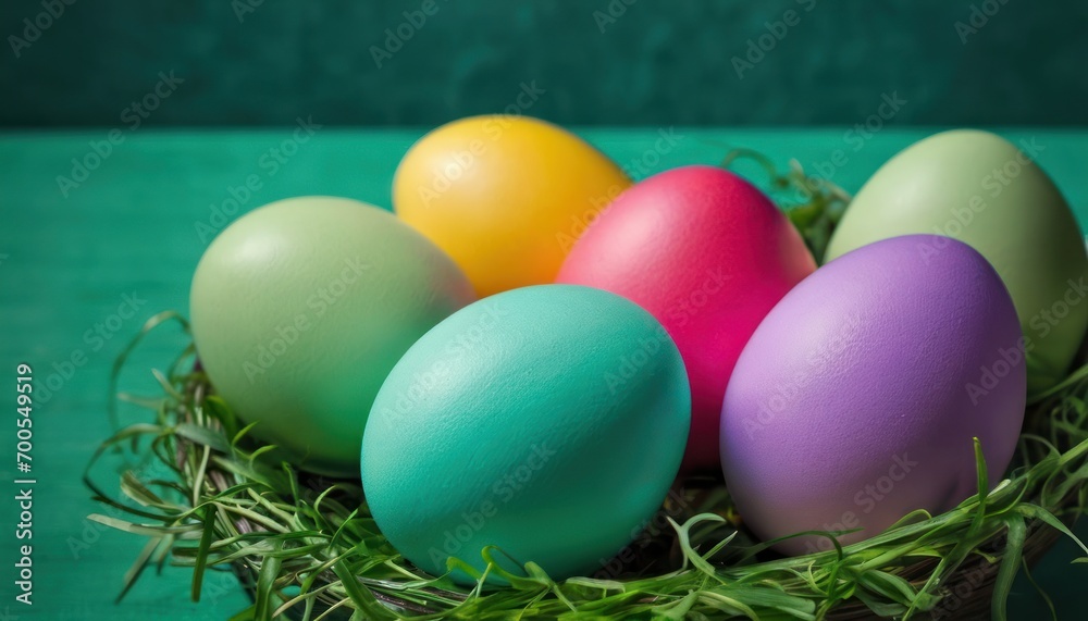  a basket filled with colorful eggs sitting on top of a green table next to a green wall and a green wall behind the basket is a row of colored eggs.