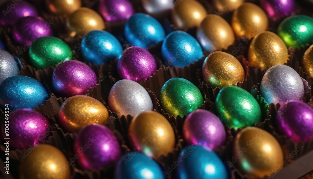 a close up of a box of chocolate eggs with different colored eggs in the middle of the box and one of the eggs in the box is gold and the other is purple. a close up of a box of chocolate eggs with different colored eggs in the middle of the box and one of the eggs in the box is gold and the other is purple.