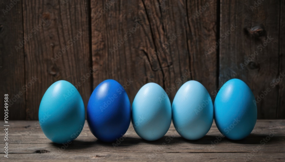 a row of blue eggs sitting next to each other on a wooden table next to a wooden wall with a wooden planked wall behind it and a wooden floor. a row of blue eggs sitting next to each other on a wooden table next to a wooden wall with a wooden planked wall behind it and a wooden floor.