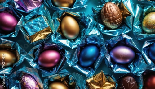  a close up of a bunch of different colored eggs in foil wrapped around each other on a blue surface with a gold foil wrapper on top of the eggs.
