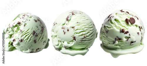 set of mint chocolate ice cream scoops on a transparent background