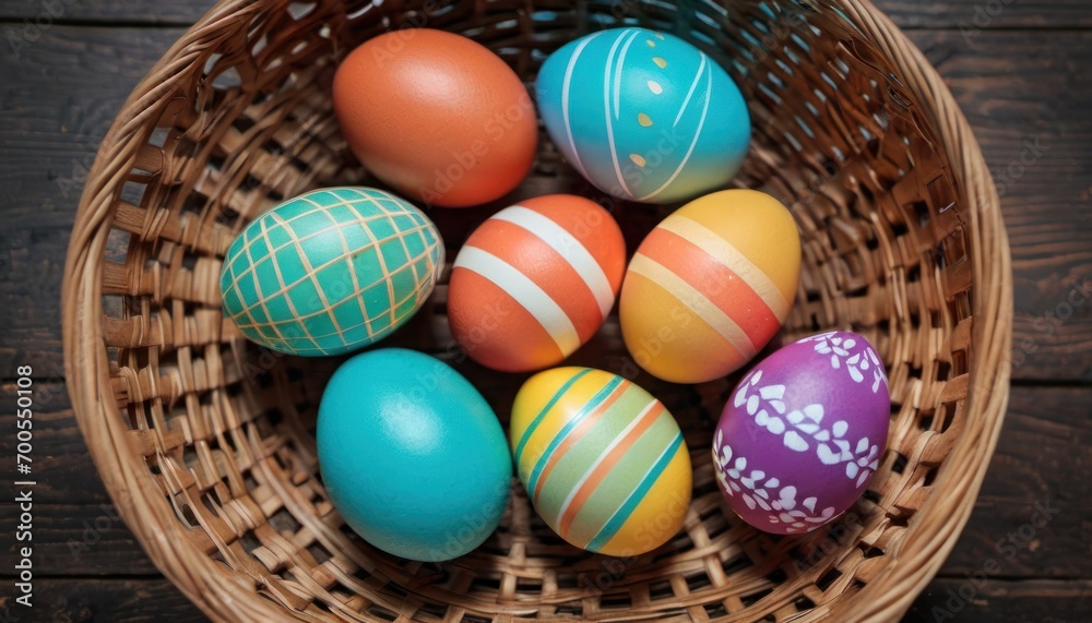 a basket filled with colorful easter eggs on top of a wooden table next to a basket of eggs on top of a wooden table next to a basket of other eggs. a basket filled with colorful easter eggs on top of a wooden table next to a basket of eggs on top of a wooden table next to a basket of other eggs.