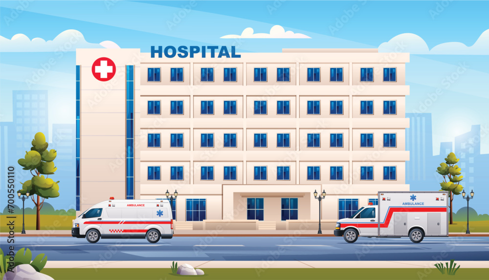 Public hospital building with ambulance emergency cars. Medical clinic on cityscape background. Vector cartoon illustration