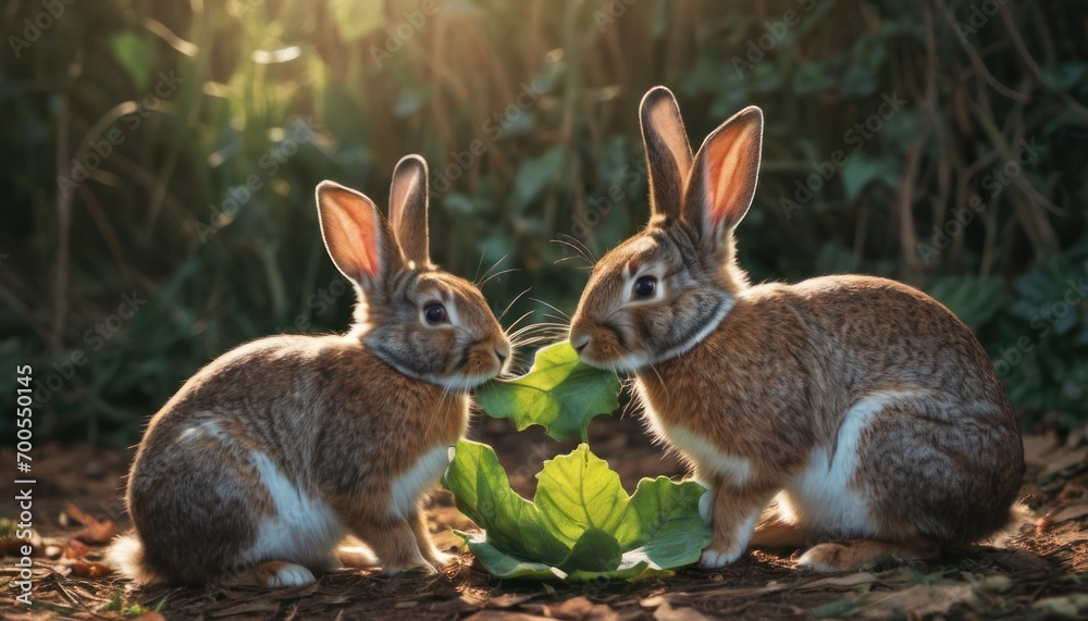 a couple of rabbits sitting next to each other on top of a leafy green leafy plant in front of a forest filled with tall grass and shrubbery. a couple of rabbits sitting next to each other on top of a leafy green leafy plant in front of a forest filled with tall grass and shrubbery.