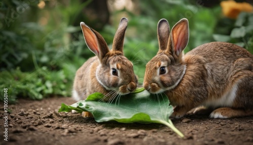  a couple of rabbits sitting next to each other on top of a lush green leaf covered ground in front of a forest filled with tall grass covered with lots of leaves.