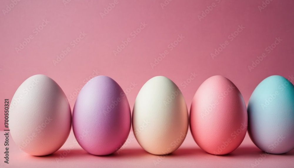  a row of pastel colored eggs on a pink background with a pink wall in the background and a pink wall in the background with a pink wall in the middle.