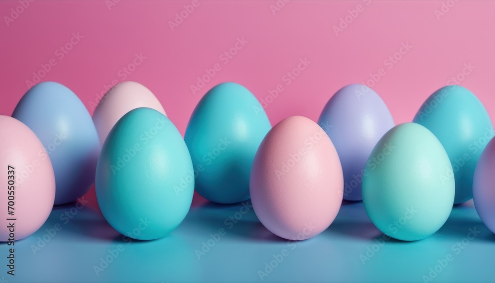  a row of pastel colored eggs in front of a pink and blue background, with one egg in the middle of the row in the middle of the row.