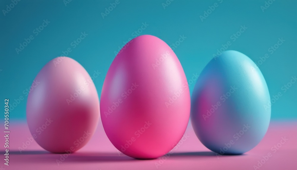 a group of three eggs sitting next to each other on top of a pink and blue surface on top of a pink and blue surface with a light blue background. a group of three eggs sitting next to each other on top of a pink and blue surface on top of a pink and blue surface with a light blue background.