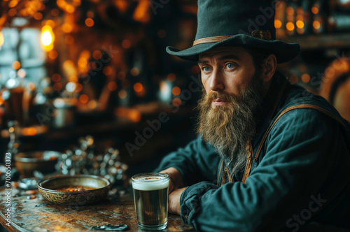 A bearded Leprechaun with green hat and green dress at a bar sits with a glass of green beer. The vintage pub exudes a warm, nostalgic vibe with wooden furniture celebrating St. Patrick's Day.