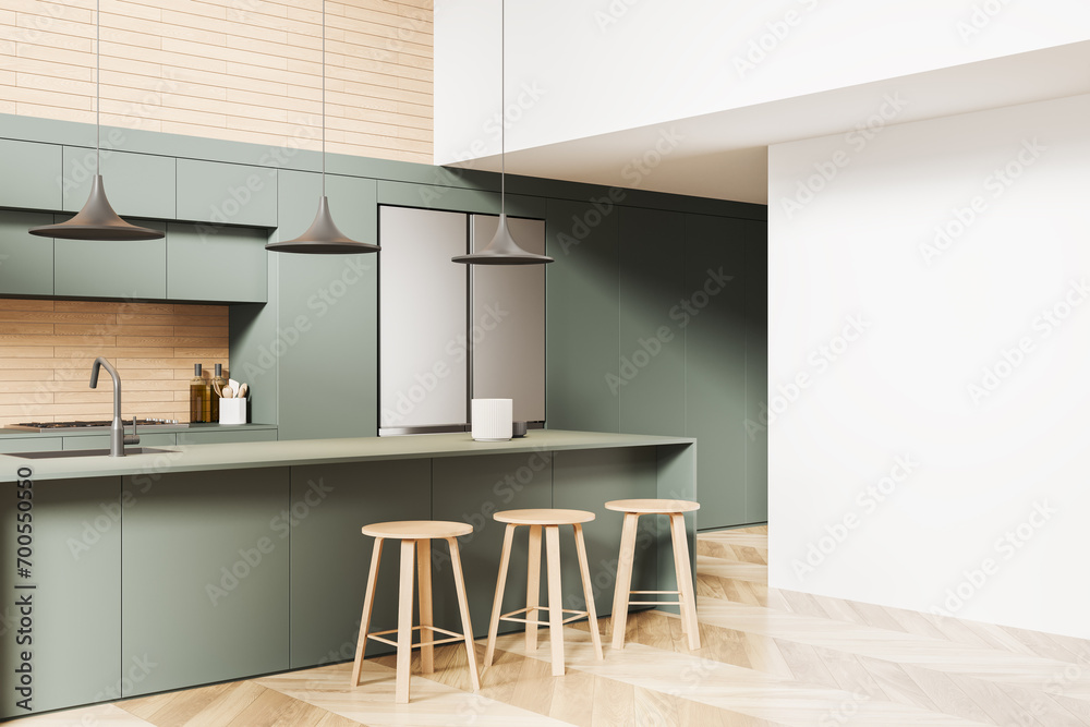 Modern kitchen interior with bar island and cabinet with refrigerator Modern kitchen interior with bar island and cabinet with refrigerator
