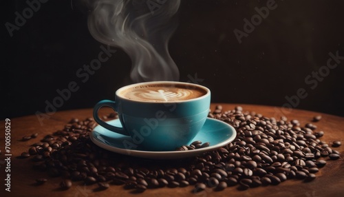  a cup of coffee with steam rising out of it on a saucer on a table surrounded by coffee beans and steam rising out of the top of the cup.