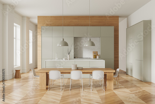 Fototapeta Naklejka Na Ścianę i Meble -  Modern home kitchen interior with bar island and cabinet with kitchenware