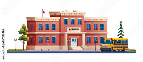 School building with school bus vector cartoon illustration isolated on white background