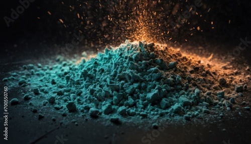  a close up of a pile of dirt with a bright light coming out of the top of the pile on the right side of the pile is a black background.