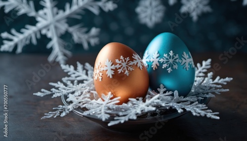  two blue and orange eggs in a bowl on a table with snowflakes on the table and behind them is a snowflaken of white snowflakes. photo