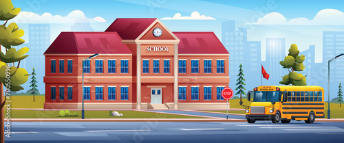 School building with yellow school bus on cityscape background vector cartoon illustration