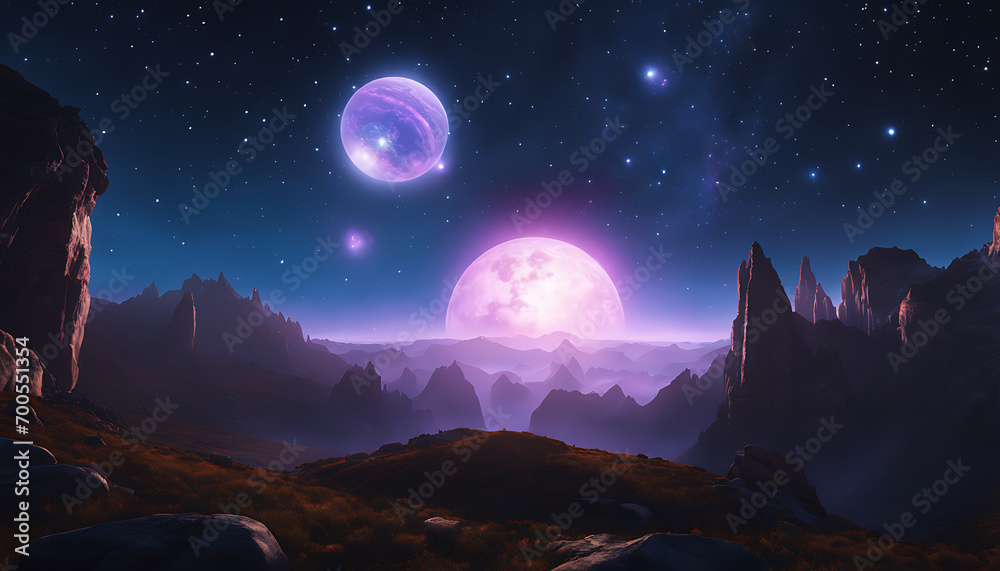 a visually striking, surrealistic depiction of a planetary system with a central purple-blue planet and smaller celestial bodies, set against a backdrop of bright, glowing stars.