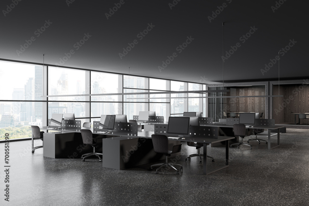 Grey business interior with coworking and meeting boxes, panoramic window Grey business interior with coworking and meeting boxes, panoramic window