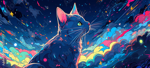 Hand drawn cartoon abstract artistic cat illustration under the starry sky
 photo